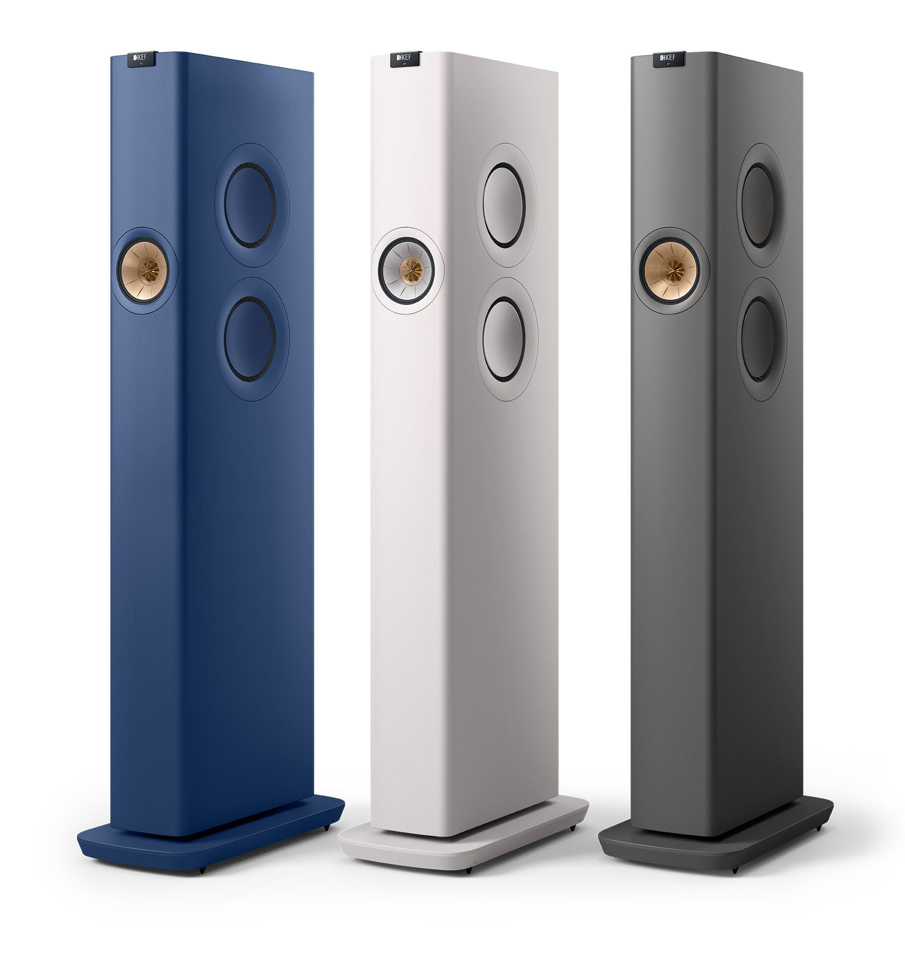 KEF LS60 Family photo showing all three colour options.